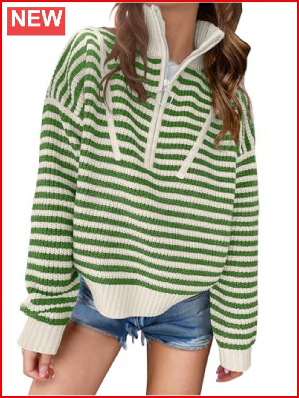 Quarter Zip Striped Pullover Sweater - Loose Fit Mock Neck Knit